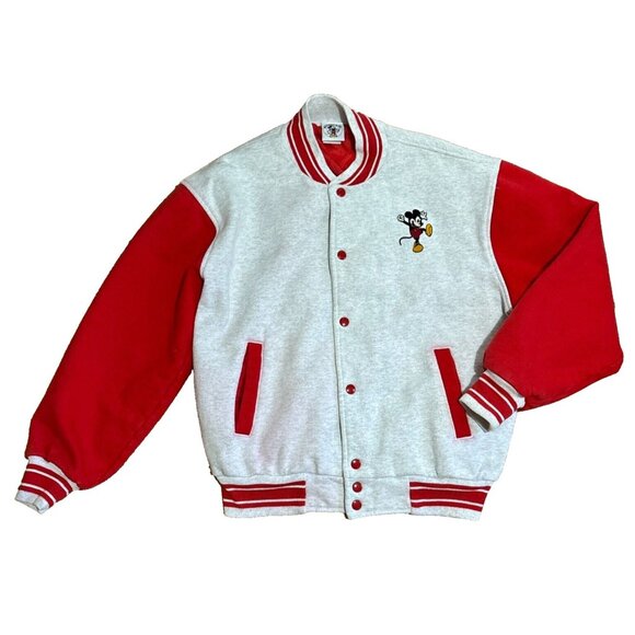 Vtg Disney Mickey & Co Varsity Jacket Lined Coat Snap Gray Red Sweatshirt Large - Picture 1 of 16